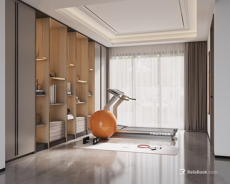 Modern Game Room With Fitness Equipment Wooden Shelves And Large Windows 3d model 