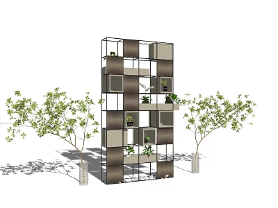 Modern Multi Tiered Grid Shelving Unit With Potted Plants And Surrounding Trees 3d model