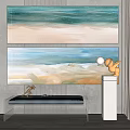 Modern Abstract Wall Art With Beach Scene And Yellow Dog Ornament In Living Room