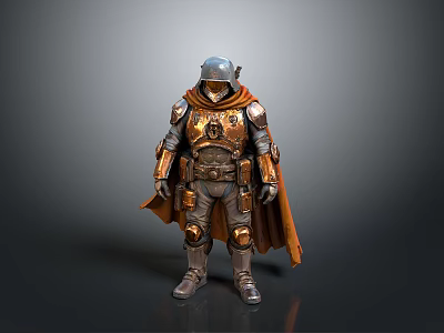 Detailed Fantasy Armored Warrior With Silver Helmet Brown Cape And Metallic Armor 3d model