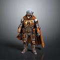 Detailed Fantasy Armored Warrior With Silver Helmet Brown Cape And Metallic Armor