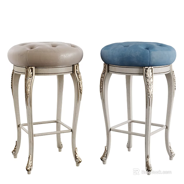 Light Gray And Blue Upholstered Tufted Bar Stools With Silver Carved Legs 3d model 