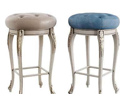 Light Gray And Blue Upholstered Tufted Bar Stools With Silver Carved Legs 3d model