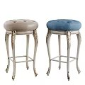 Light Gray And Blue Upholstered Tufted Bar Stools With Silver Carved Legs