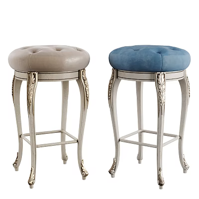 Light Gray And Blue Upholstered Tufted Bar Stools With Silver Carved Legs 3d model