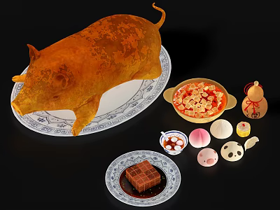 Traditional Chinese Cuisine Display with Roast Suckling Pig and Assorted Pastries with Sauce Dishes 3d model