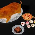 Traditional Chinese Cuisine Display with Roast Suckling Pig and Assorted Pastries with Sauce Dishes
