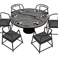 Round Marble Top Dining Table Set With Six Metal Frame Gray Cushion Chairs 3d model