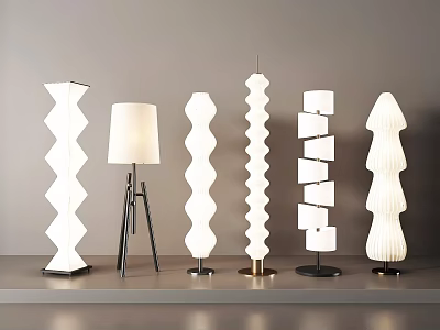 Modern Floor Lamps with Geometric Spiral Stacked Designs White Shades and Metallic Bases in 3d model