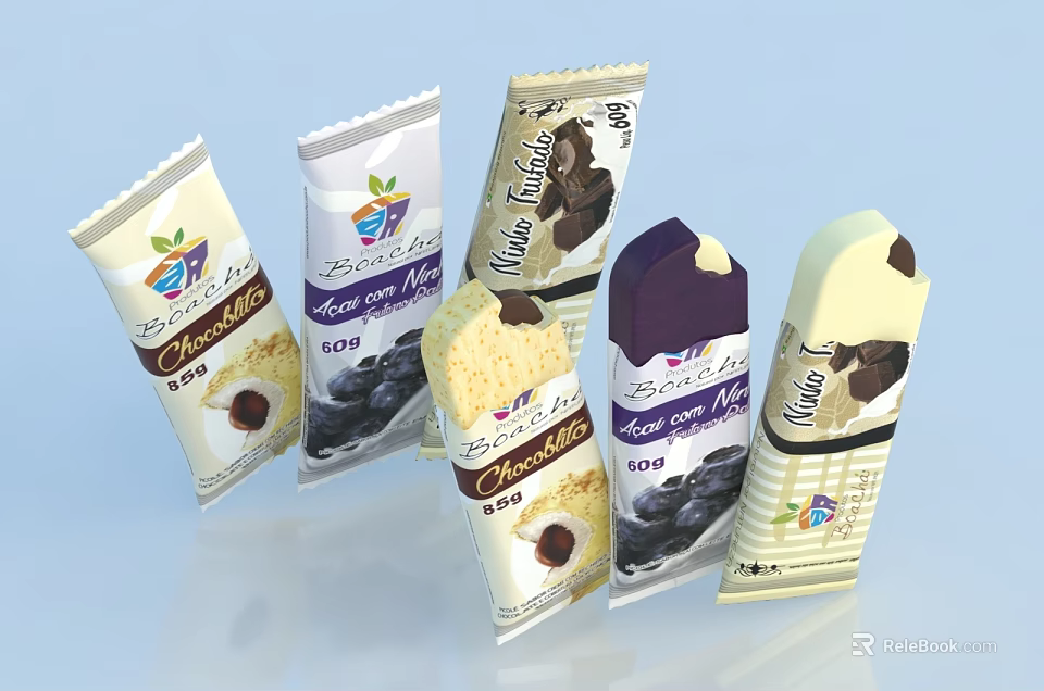 Various Flavored Snack Food Packages With Chocolate Blueberry And Hazelnut Creamy Filling 3d model 