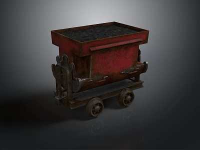 Red Old Fashioned Mining Train Cart With Black Coal And Metal Wheels 3d model