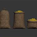 Three Burlap Sacks Two Open One Closed Filled With Yellow Food Grains On Dark Surface