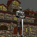 Cartoon Scene Of Medieval Castle With Stone Walls Red Roofs And Armored Knight