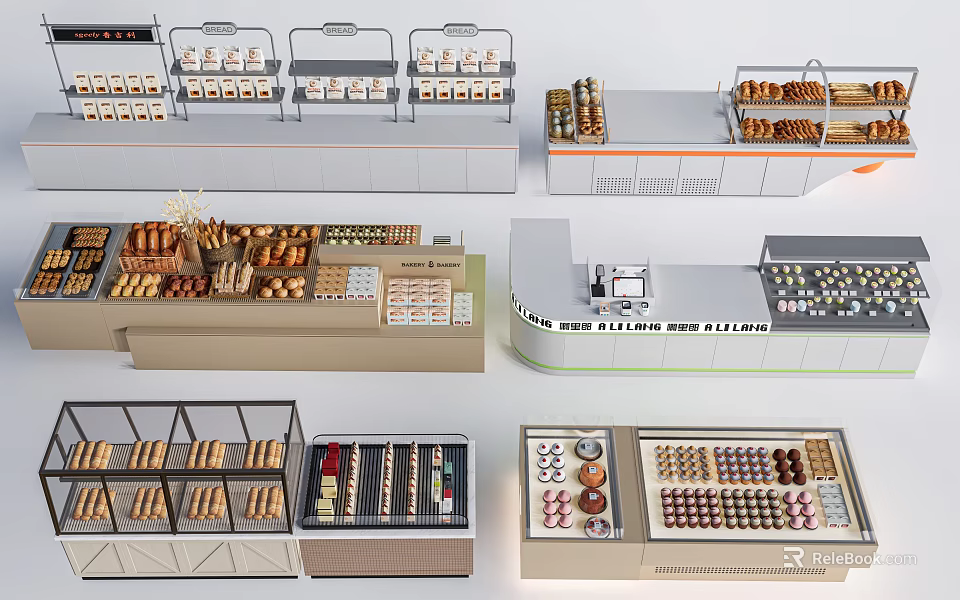 Modern Bakery Bar Counter With Glass Display Cases And Assorted Baked Goods 3d model 