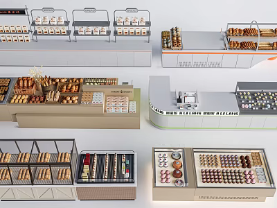 Modern Bakery Bar Counter With Glass Display Cases And Assorted Baked Goods 3d model