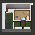 Green Desk Filing Cabinet in Compact Office with Wooden Chair Chalkboard Bulletin Board and Computer