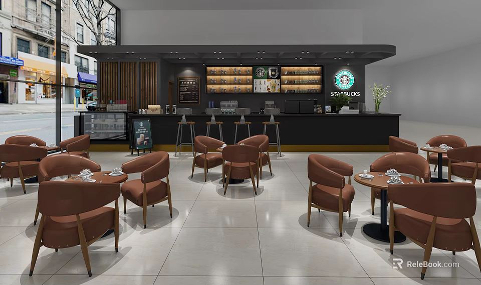Modern Cafe Interior With Cozy Seating Wooden Bar Counter And Potted Plants 3d model 