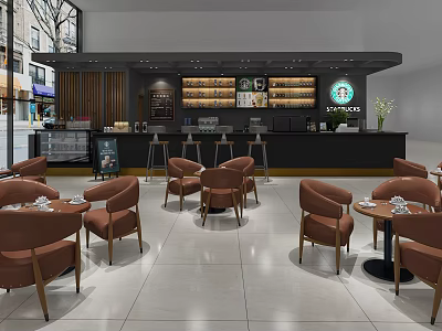 Modern Cafe Interior With Cozy Seating Wooden Bar Counter And Potted Plants 3d model