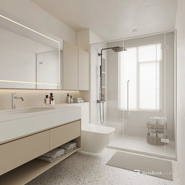 Modern Bathroom Interior Featuring Large Mirror White Vanity Glass Shower And Window Blinds 3d model 