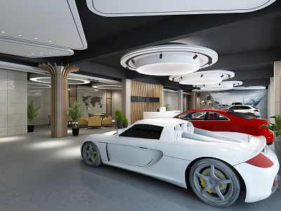 Modern Car Dealership Showroom Interior Featuring White And Red Sports Cars 3d model