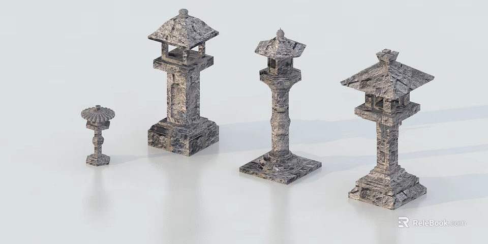 Traditional Stone Lantern Style Outdoor Decorative Lights with Multiple Sizes 3d model 