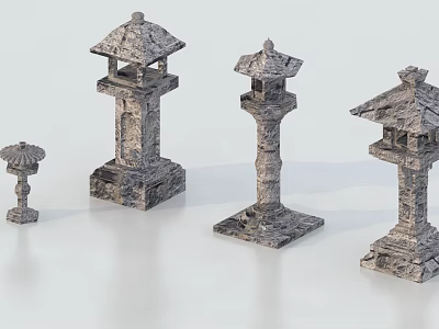 Traditional Stone Lantern Style Outdoor Decorative Lights with Multiple Sizes 3d model