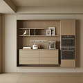 Modern Kitchen Sideboard With Wooden Drawers Shelves Coffee Machine And Decor Items