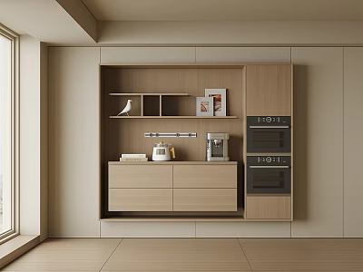 Modern Kitchen Sideboard With Wooden Drawers Shelves Coffee Machine And Decor Items 3d model