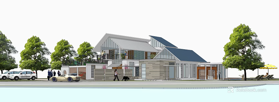Modern House Exterior with Gray and Blue Roofs Trees People Walking Dog and Car 3d model 