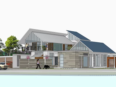 Modern House Exterior with Gray and Blue Roofs Trees People Walking Dog and Car 3d model