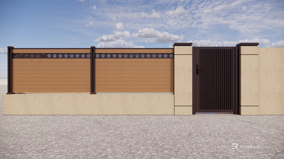 Modern Brown Fence Design With Black Decorative Strips And Decorative Top Gate 3d model 
