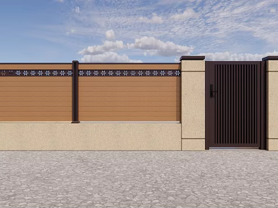 Modern Brown Fence Design With Black Decorative Strips And Decorative Top Gate 3d model