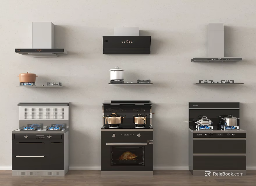 Stainless Steel Kitchen Appliance Sets Featuring Range Hoods Stoves Ovens And Cookware 3d model 