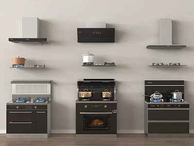 Stainless Steel Kitchen Appliance Sets Featuring Range Hoods Stoves Ovens And Cookware 3d model