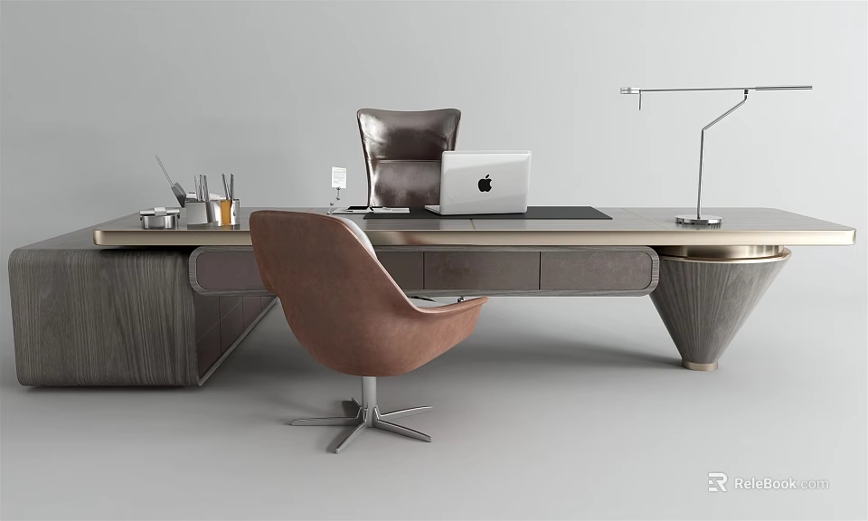 Modern Office Desk With Brown Chair Metal Desk Lamp And Laptop Stationery 3d model 