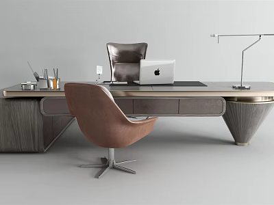 Modern Office Desk With Brown Chair Metal Desk Lamp And Laptop Stationery 3d model