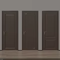 Three Brown Wooden Hinged Doors with Various Panel Designs and Metal Handles Against Light Wall