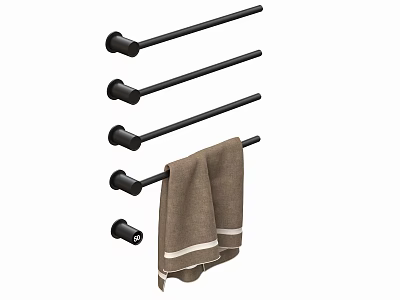 Brown Towel With White Stripes Hanging On Black Bathroom Towel Bars 3d model