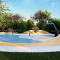 Unique Outdoor Basketball Court With Colorful Geometric Floor Design Surrounded by Greenery