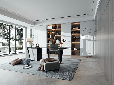 Modern Study Room Interior With Large Windows Bookshelves And Desk 3d model