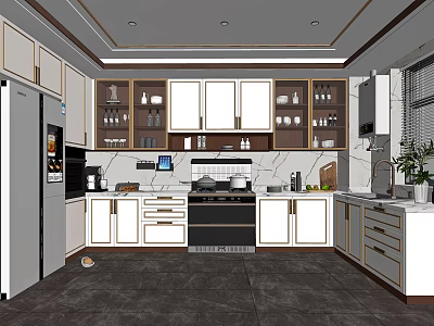 Modern Kitchen Interior With White Cabinets Marble Countertop Wooden Shelves And Appliances 3d model