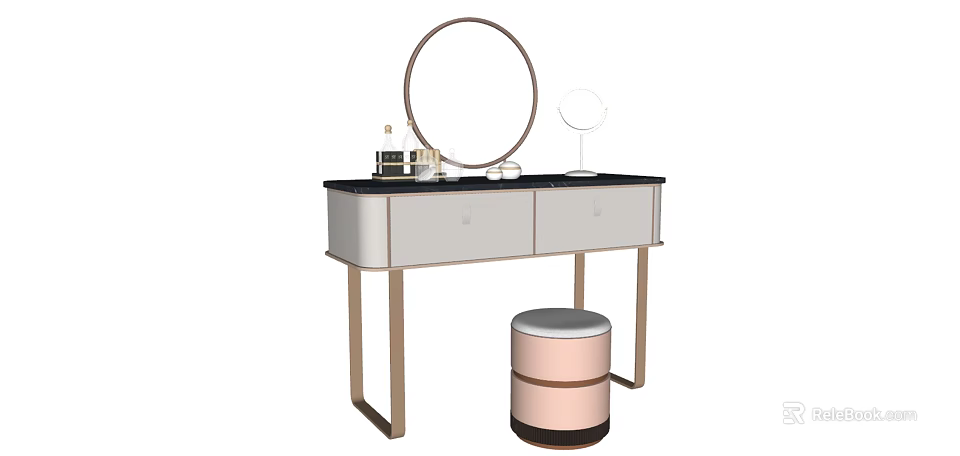 Elegant Modern Dressing Table With Round Mirror Black Top White Drawers and Matching Stool 3d model
