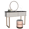 Elegant Modern Dressing Table With Round Mirror Black Top White Drawers and Matching Stool 3d model
