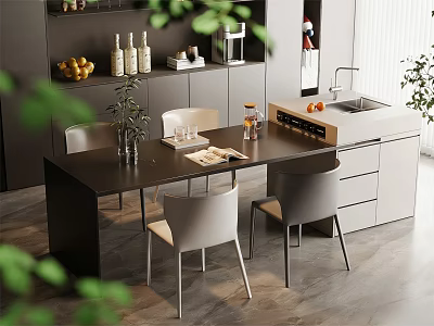 Dark Wood Dining Table Set with Light Gray Chairs Kitchen Island and Cabinets 3d model