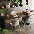 Dark Wood Dining Table Set with Light Gray Chairs Kitchen Island and Cabinets