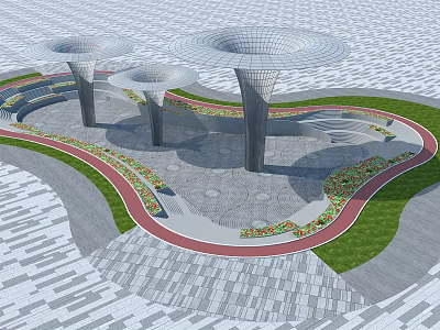 Modern Outdoor Landscape Design With Umbrella Structures Curved Walkways And Green Lawns 3d model