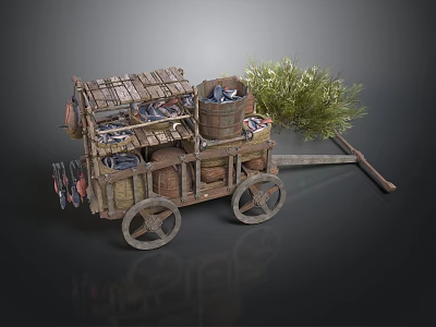 Traditional Wooden Cart Market Display With Baskets Fish Grass And Wooden Shelves 3d model