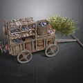 Traditional Wooden Cart Market Display With Baskets Fish Grass And Wooden Shelves