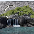 Garden Courtyard Design With Circular Archway Green Pine Tree Waterfall Rocks And Pond