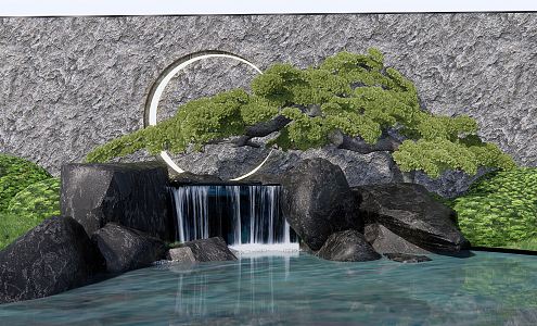 Modern landscape sketch rockery waterscape falling water landscape stacked water stone pine courtyard landscape sketch 3d model